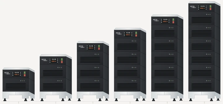 Шесть компоновок NEON НЕО IP65 в одном масштабе: стойки с 1–6 силовыми модулями